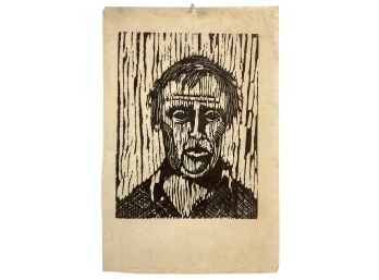 Vintage Unsigned Woodcut Print Of Man