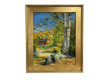 Signed Oil Painting Barn And Birch Trees
