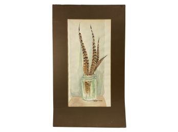 Watercolor Of Feathers In Jar Signed Barrett Shaw