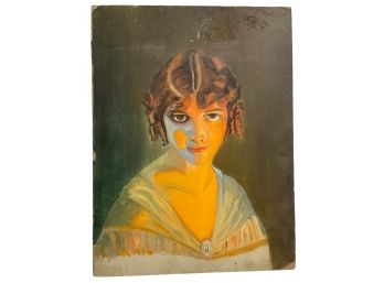 Antique Folk Art Portrait Of A Woman Unsigned