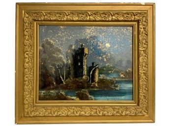 Antique Reverse Paint On Glass Castle Painting
