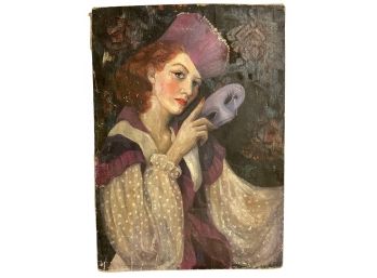 Antique Oil Painting Of A Woman With Mask On Board