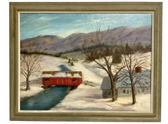 Vintage Oil Painting In Frame On Canvas Covered Bridge