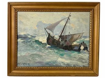 Vintage Dimitrius Florian (1899 - 1979) Oil Painting On Board  Men With Sailboat