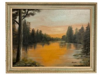 Signed Oil Painting Sunset On Pond Leadbetter