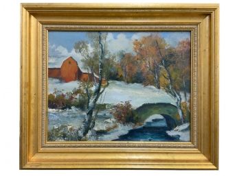 Vintage Oil Painting Of Snowy Barn On Board By Frank P. Shea (1885-1977)