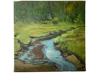 Folk Art Oil Painting On Canvas Brook Or Stream