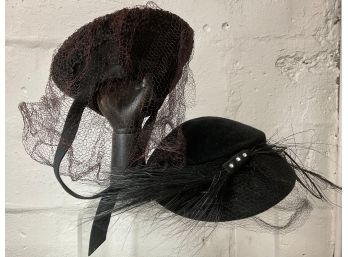 Two Vintage Black Velvet 1940s Hats