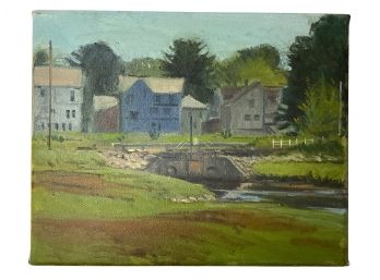 Folk Art Oil On Canvas Old Bridge And Pond Village