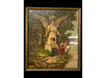 Framed Antique Lithograph Angel And Children