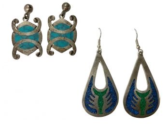 Two Pairs Of Vintage Southwestern Turquoise And Sterling Earrings