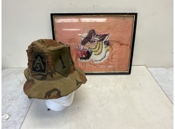 2 Vintage Vietnam Viet Nam Items Silk And Hat With Patches - As Found