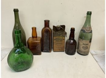7 Vintage / Antique Bottles Vichy Father Johns Larkin Auto Polish Etc