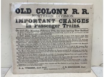 Original 1879 Old Colony Railroad New Bedford MA Schedule Change Poster