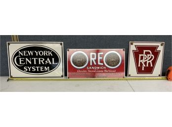 3 Enamel Porcelain Over Steel Signs NYCS Penn RR And Oreo