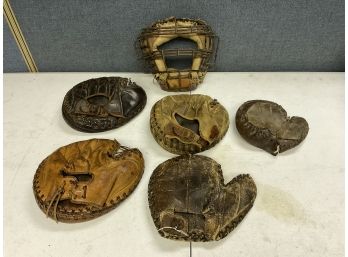 6 Piece Antique Baseball Catchers Lot 4 Mitts And Mask