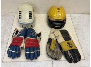 Vintage Hockey Gear Including Phil Esposito Store Signed Gloves And Helmet Plus Bruins