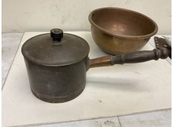 Antique Copper Pan And Round Bottom Bowl