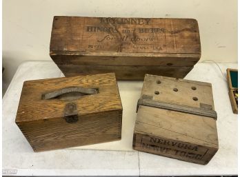 3 Antique Wooden Crates 2 Advertising, 1 Oak Lock Box