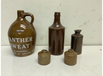 5 Vintage Antique Stoneware Bottles Panther Sweat Etc.