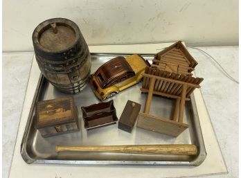 Lot Of Antique / Vintage Wooden Crafted Smalls Littles VW Bug Fire Tower, Knife Tray