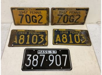5 Vintage License Plates Penna & Massachusetts