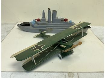 2 Antique/Vintage Wooden Scratch-built Toys Bi-Plane And Battleship