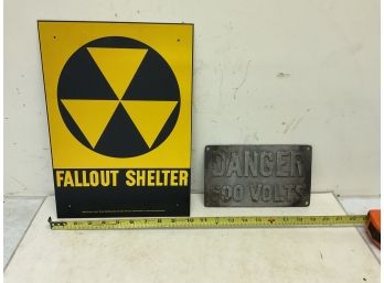 2 Signs Vintage Tin Fallout Shelter And Cast Iron Danger 600 Volts