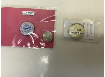 2 Vintage Military Buttons WWII Flying Doctor Calling Launching U.S.S. Porpoise