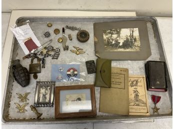 Tray Lot Of WWII & Other Military Collectibles, Zippo Lighter Etc