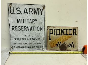 2 Antique Metal Signs Pioneer Hybrids And Military No Trespassing