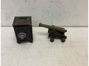 2 Antique Cast Iron Toys, Canon And Safe Bank