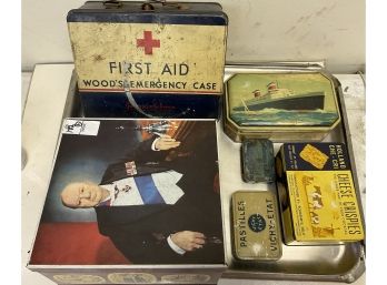 Lot Of 6 Antique/Vintage Tins  Ocean Liner, Early First Aid Box Etc