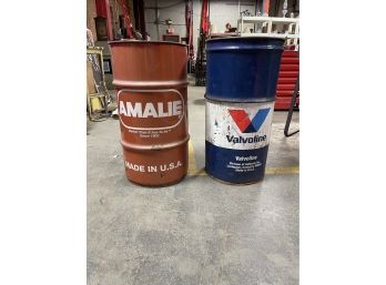 2 Vintage Metal Ash-can Advertising Barrels Amalie And Valvoline