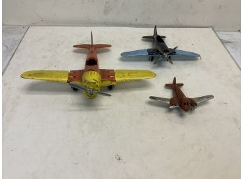 3 Antique Toy Metal Airplanes 2 Hubley Fighter Planes And Cast Iron