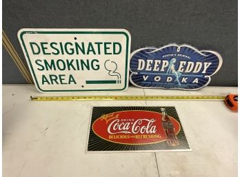 3 Metal Signs Coca-Cola Deep Eddy Vodka Smoking Area