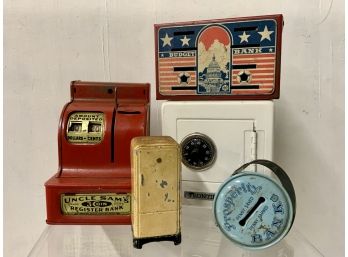 Lot Of Five Novelty Antique Coin Banks
