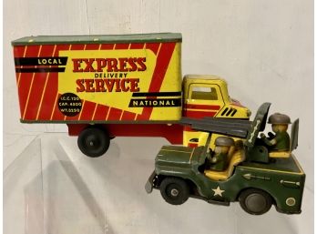 Pair Of Metal Vehicles Wyandotte Toy Truck Express Delivery, Tin Litho Military Jeep With Gunner