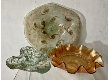 Antique Glass Lot, Two Art Glass Dishes And Carnival Glass Bowl