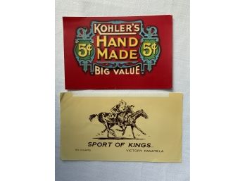 Pair Of Unused Antique Cigar Box Labels Kohlers And Sport Of Kings