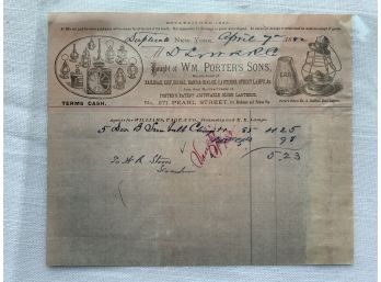 1882 WM. Porters Sons Railroad, Ship, Signal Etc Receipt