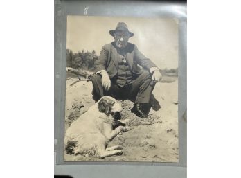 Large Antique Photo Of Old Man And Dog At The Beach