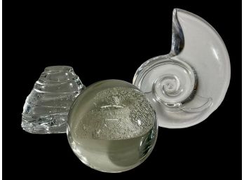 Lot Of Crystal And Art Glass Paperweights Snail, Spiral Themes