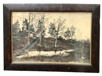 Large Antique Etching With Rabbits In Foreground