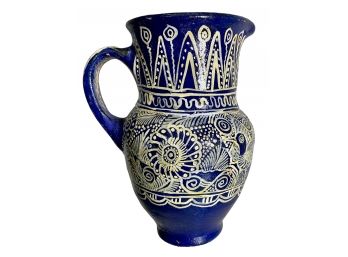 Mexican? Hand Painted Clay Pitcher