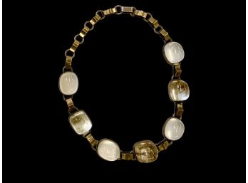 18K Gold And Sterling Rutilated And Milky Quartz Art Deco Necklace