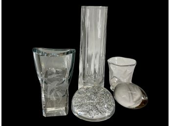 Lot Of Crystal Items Including Paperweights, Vases Etc,  One Vase Is Signed