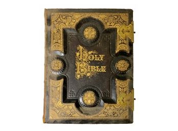 Massive 19th Century Bible With Gold Gilt And Leather Cover