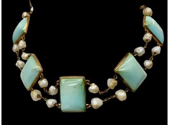14kt Gold, Pearl And Turquoise Art Deco Estate Necklace
