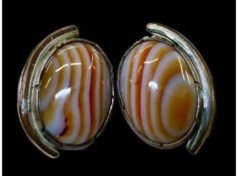 Sterling And Banded Agate Vintage Earrings